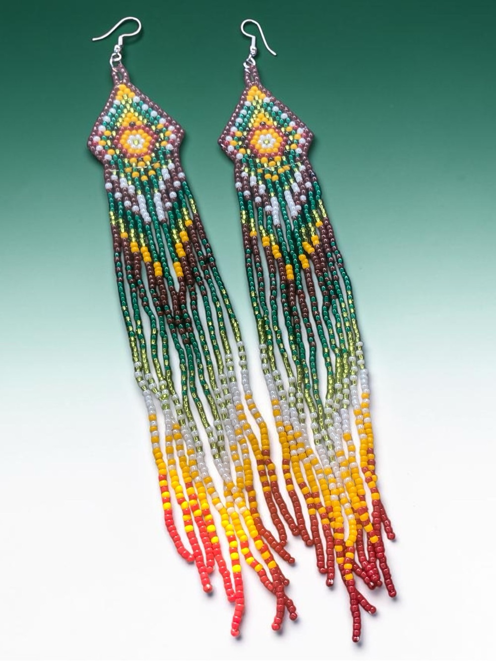 Handcrafted Multicolor Seed Bead Fringe Earrings 8”